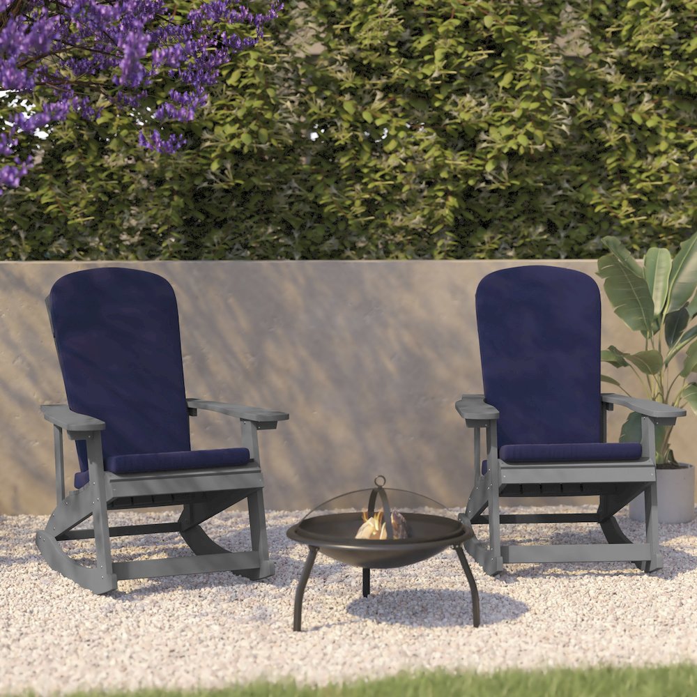 Set of 2 Adirondack Rocking Chairs in Gray with Blue Cushions, Porch, and Patio. Picture 2