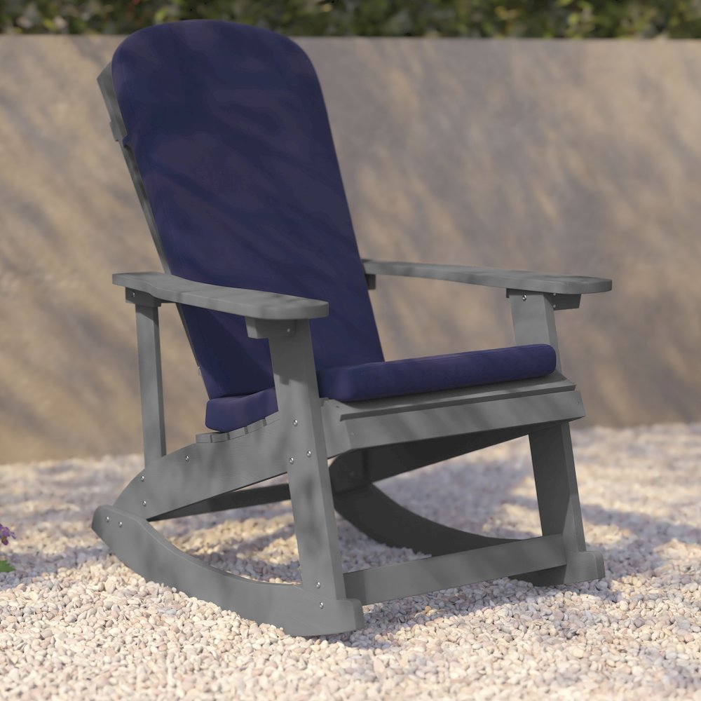 Set of 2 Adirondack Rocking Chairs in Gray with Blue Cushions, Porch, and Patio. Picture 9