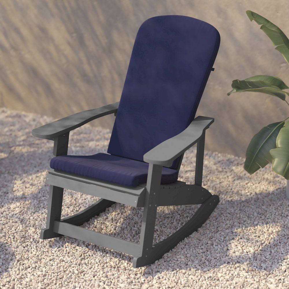 Set of 2 Adirondack Rocking Chairs in Gray with Blue Cushions, Porch, and Patio. Picture 10