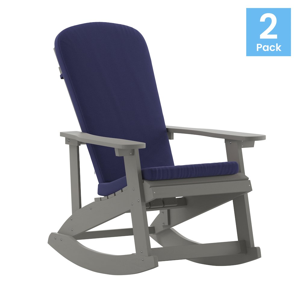 Set of 2 Adirondack Rocking Chairs in Gray with Blue Cushions, Porch, and Patio. Picture 1