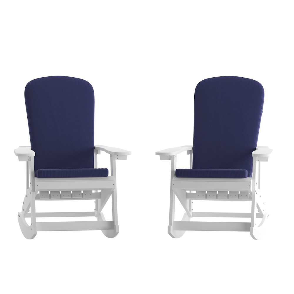 Set of 2 Adirondack Rocking Chairs in White with Blue Cushions, Porch, and Patio. Picture 3