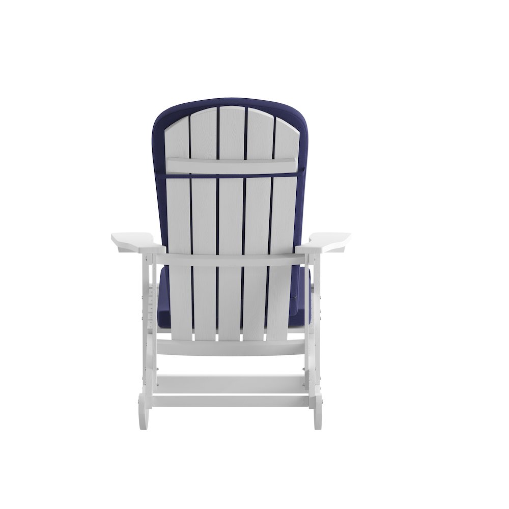 Set of 2 Adirondack Rocking Chairs in White with Blue Cushions, Porch, and Patio. Picture 11