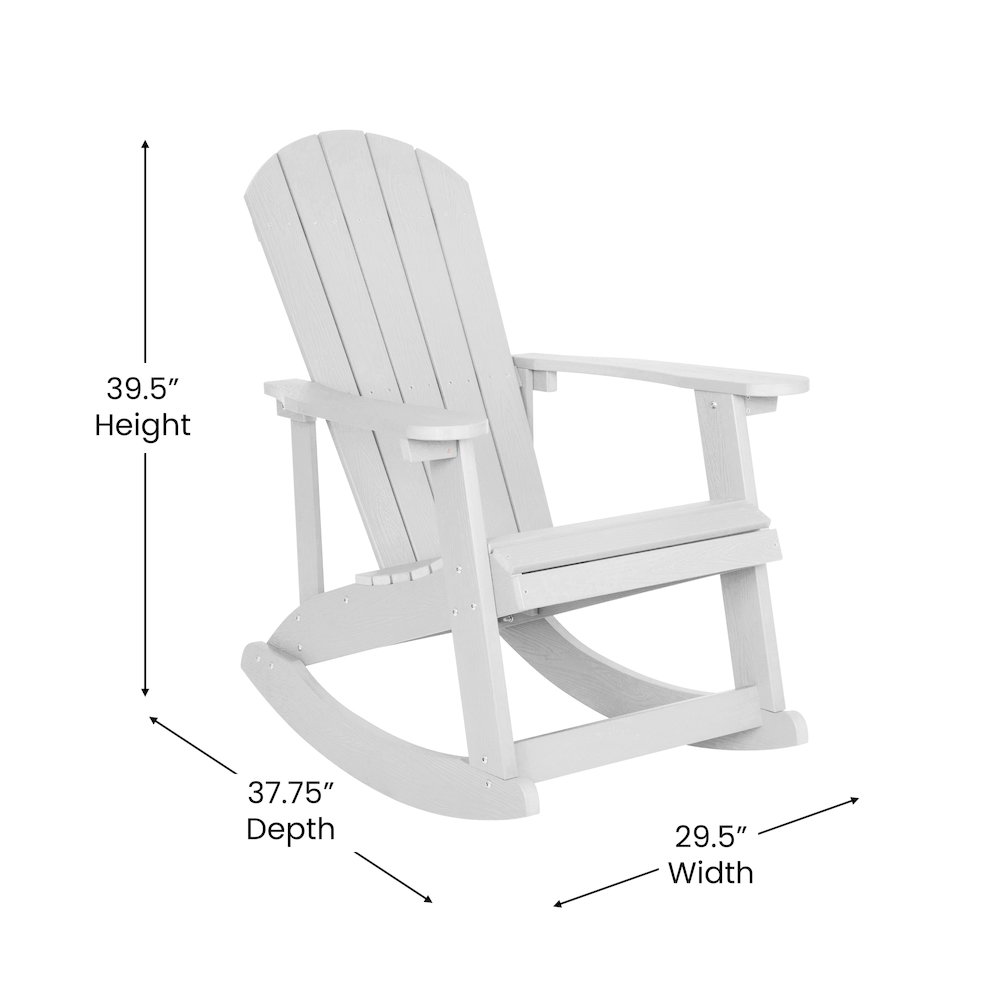 Set of 2 Adirondack Rocking Chairs in White with Blue Cushions, Porch, and Patio. Picture 7