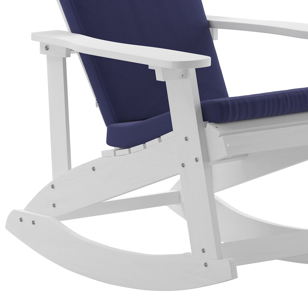 Set of 2 Adirondack Rocking Chairs in White with Blue Cushions, Porch, and Patio. Picture 12