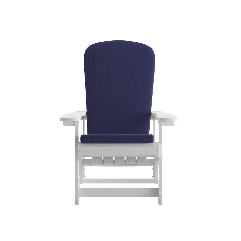 Set of 2 Adirondack Rocking Chairs in White with Blue Cushions, Porch, and Patio. Picture 14