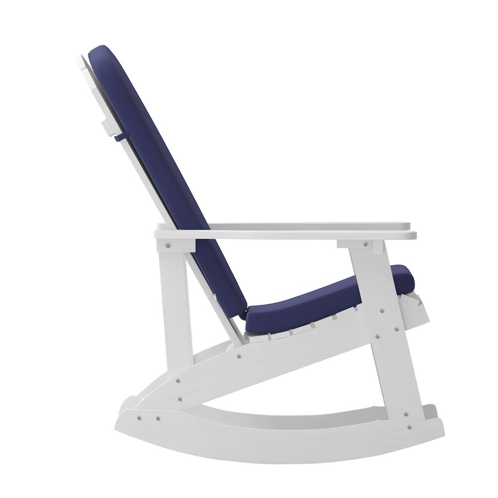 Set of 2 Adirondack Rocking Chairs in White with Blue Cushions, Porch, and Patio. Picture 13