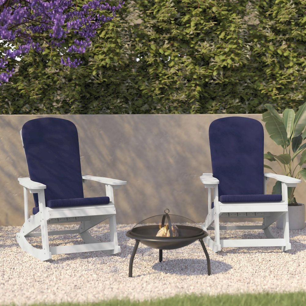 Set of 2 Adirondack Rocking Chairs in White with Blue Cushions, Porch, and Patio. Picture 2