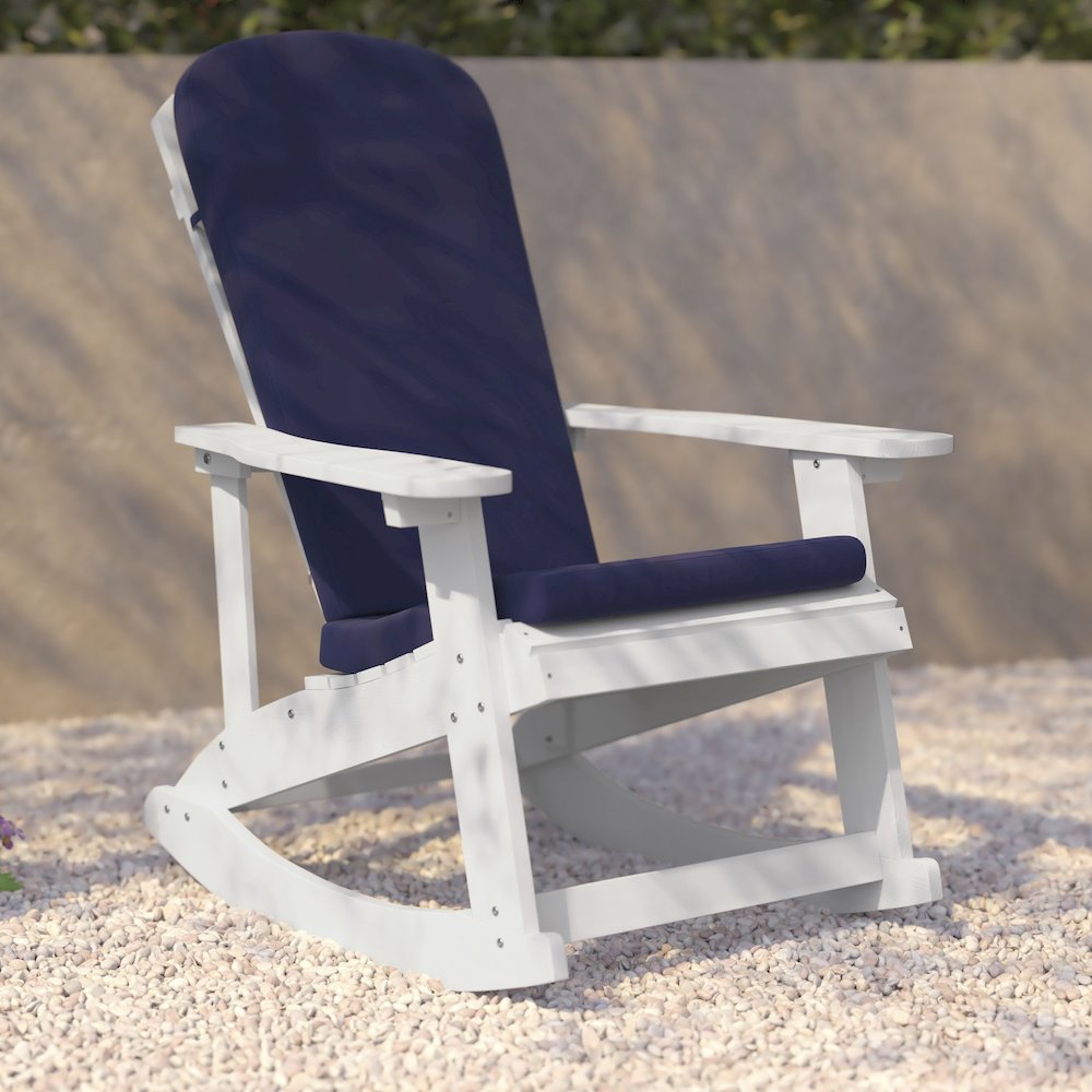 Set of 2 Adirondack Rocking Chairs in White with Blue Cushions, Porch, and Patio. Picture 9
