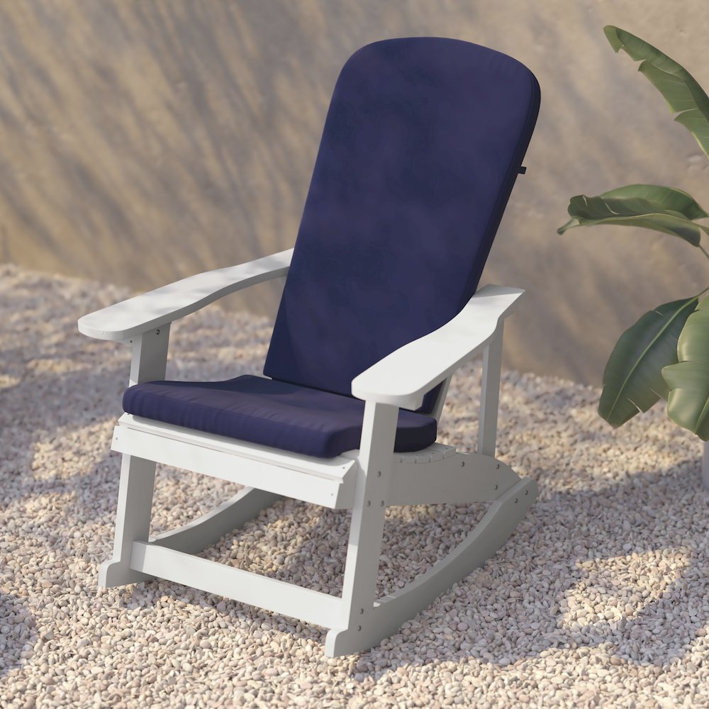 Set of 2 Adirondack Rocking Chairs in White with Blue Cushions, Porch, and Patio. Picture 10
