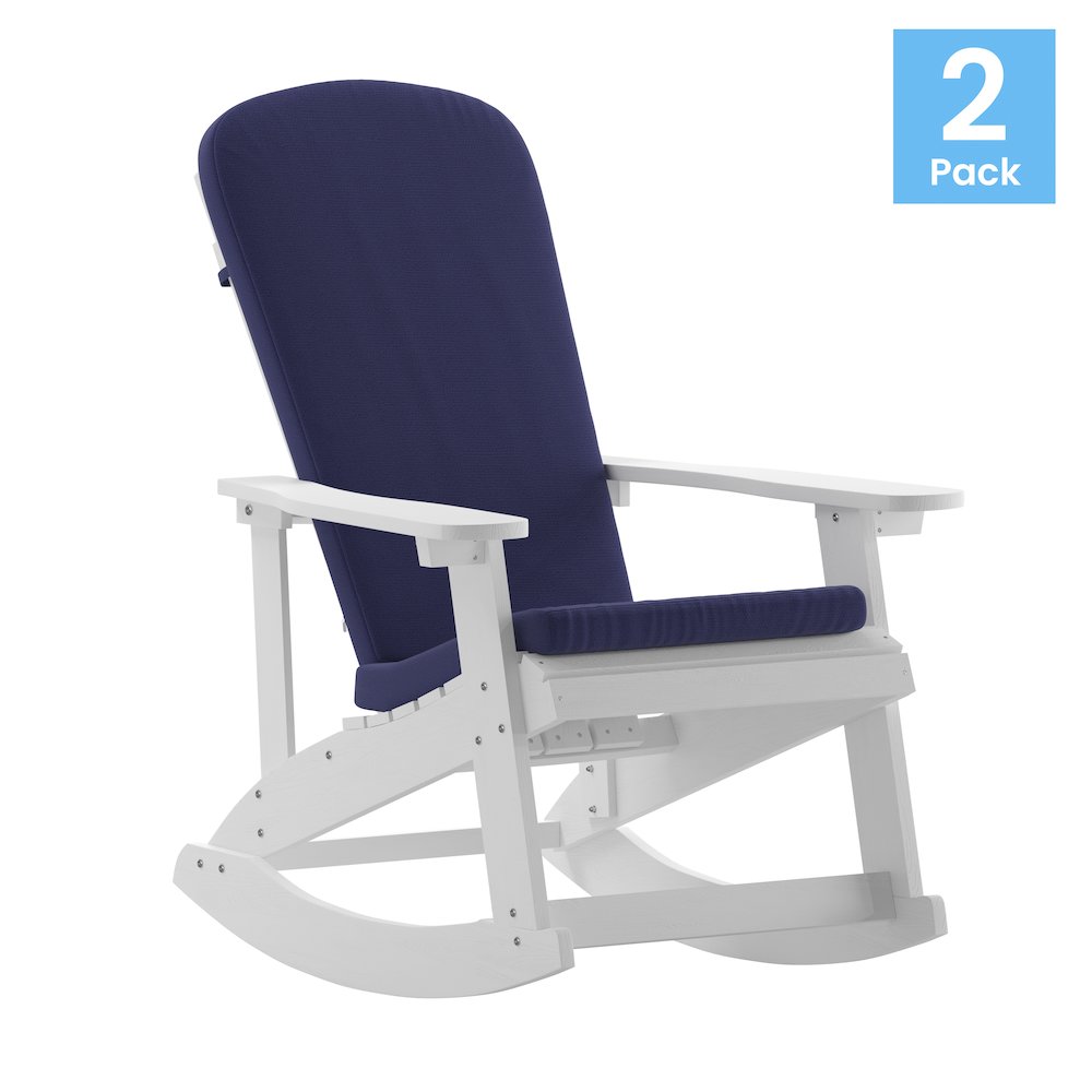 Set of 2 Adirondack Rocking Chairs in White with Blue Cushions, Porch, and Patio. Picture 1