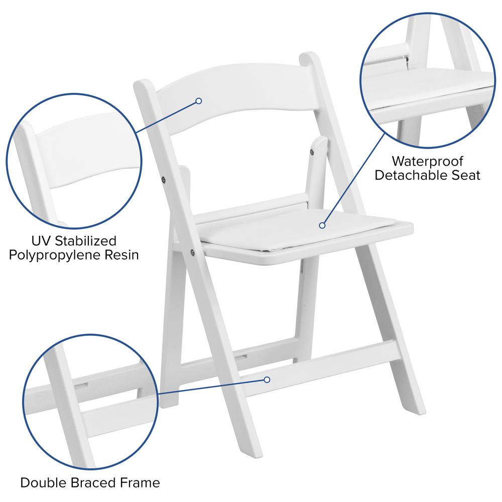 Kids White Resin Folding Chair with White Vinyl Padded Seat. Picture 7