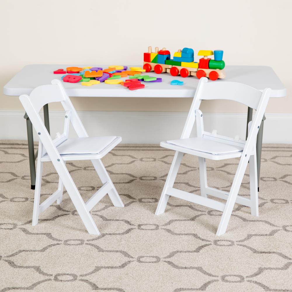 Kids White Resin Folding Chair with White Vinyl Padded Seat. Picture 8