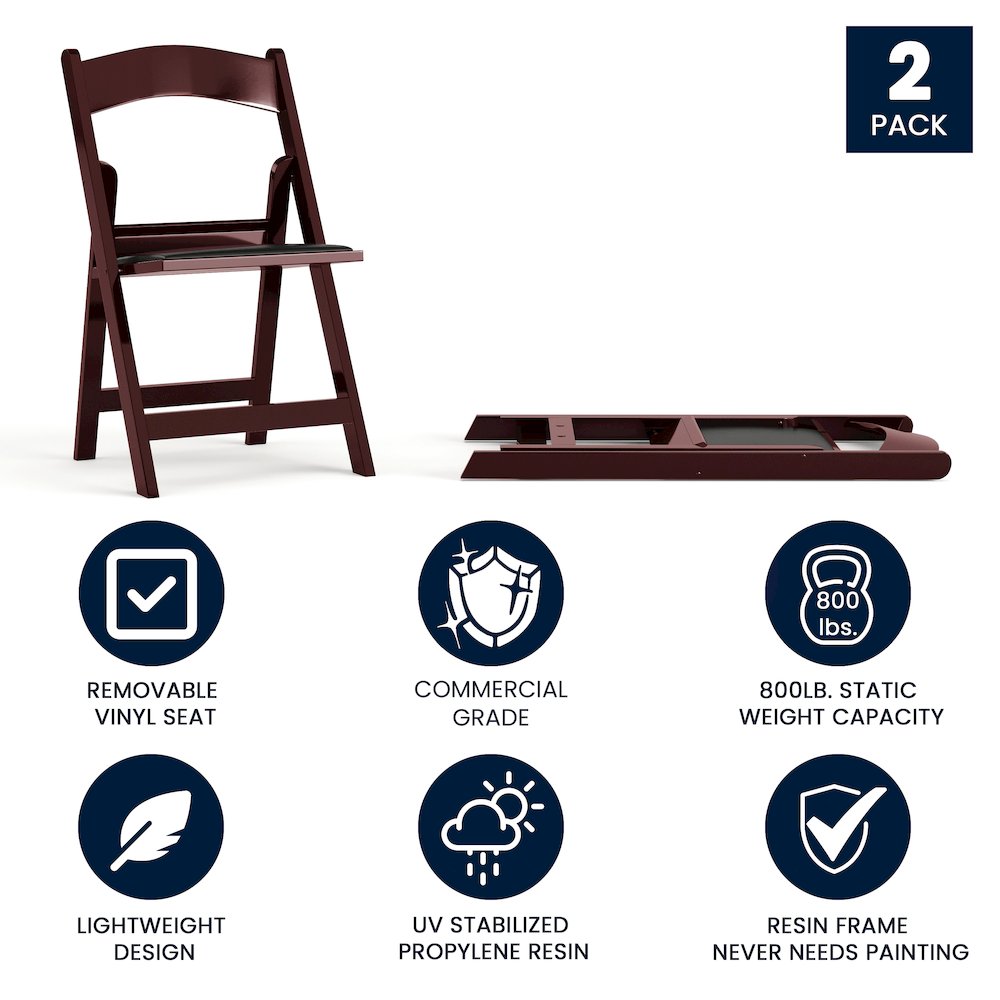 2 Pack HERCULES Series 1000 lb. Capacity Red Mahogany Resin Folding Chair with Black Vinyl Padded Seat. Picture 5