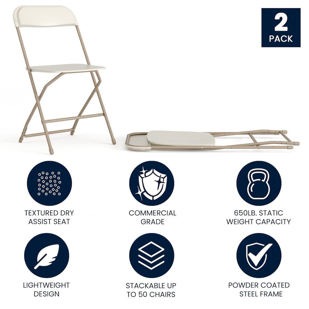 Plastic Folding Chair Beige - 2 Pack 650LB Weight Capacity. Picture 5