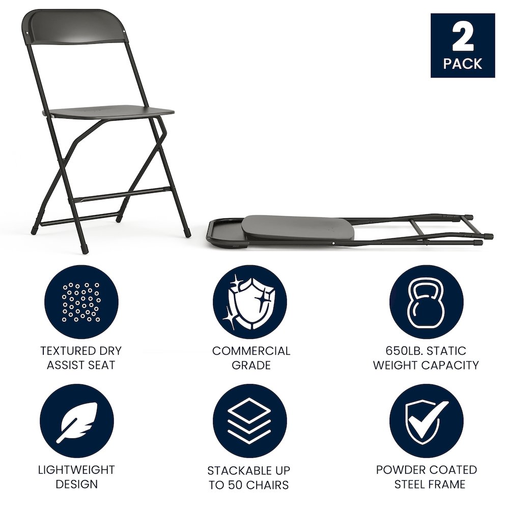 Plastic Folding Chair Black - 2 Pack 650LB Weight Capacity. Picture 5