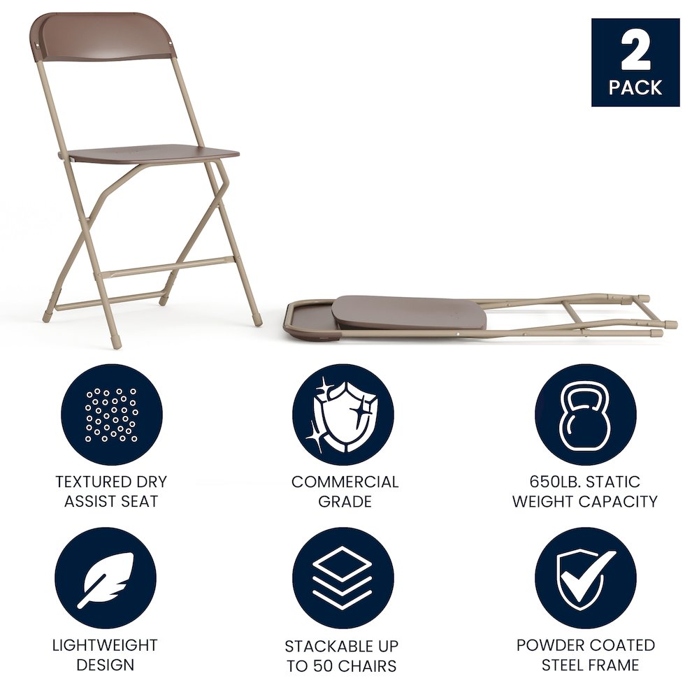 Plastic Folding Chair Brown - 2 Pack 650LB Weight Capacity. Picture 5