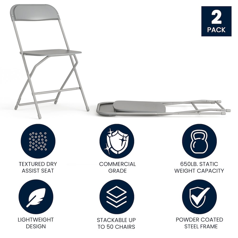 Plastic Folding Chair Grey - 2 Pack 650LB Weight Capacity. Picture 5