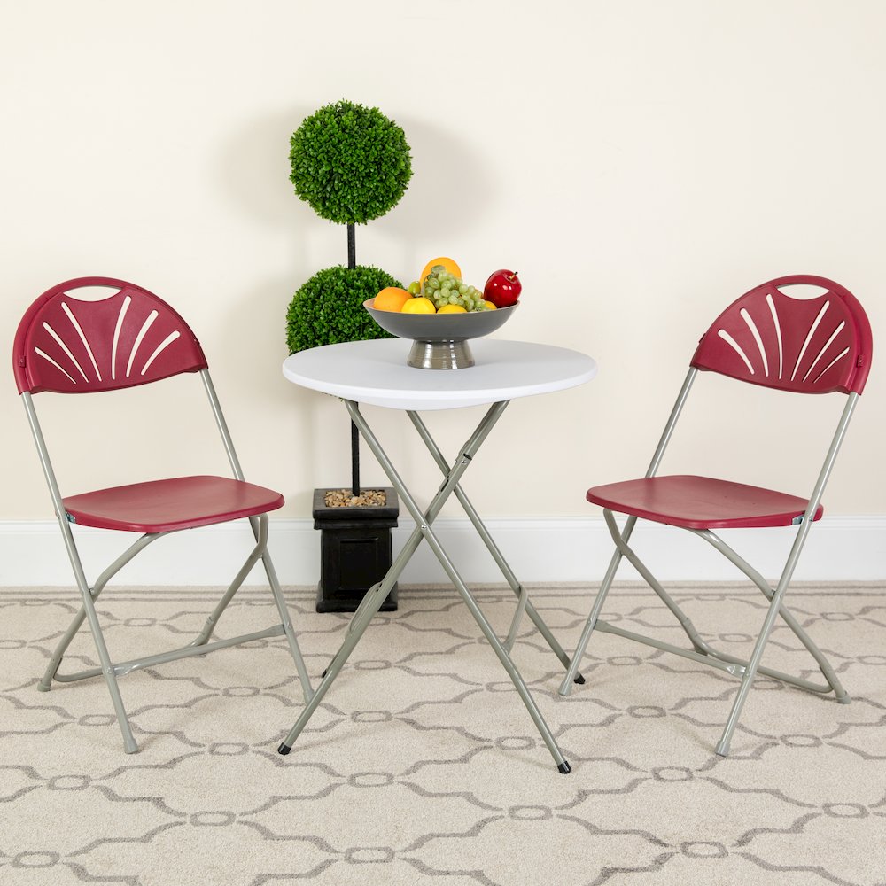 2 Pack HERCULES Series 650 lb. Capacity Burgundy Plastic Fan Back Folding Chair. Picture 2