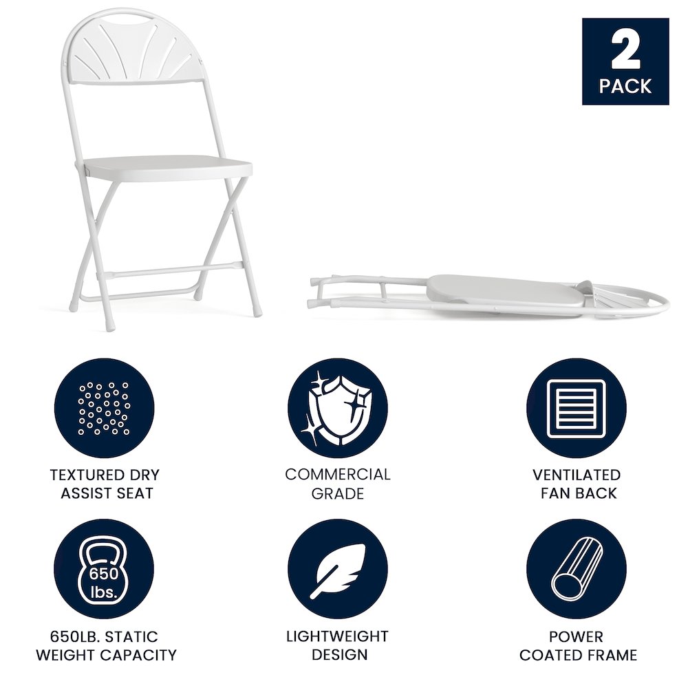 2 Pack 650 lb. Capacity White Plastic Fan Back Folding Chair. Picture 5