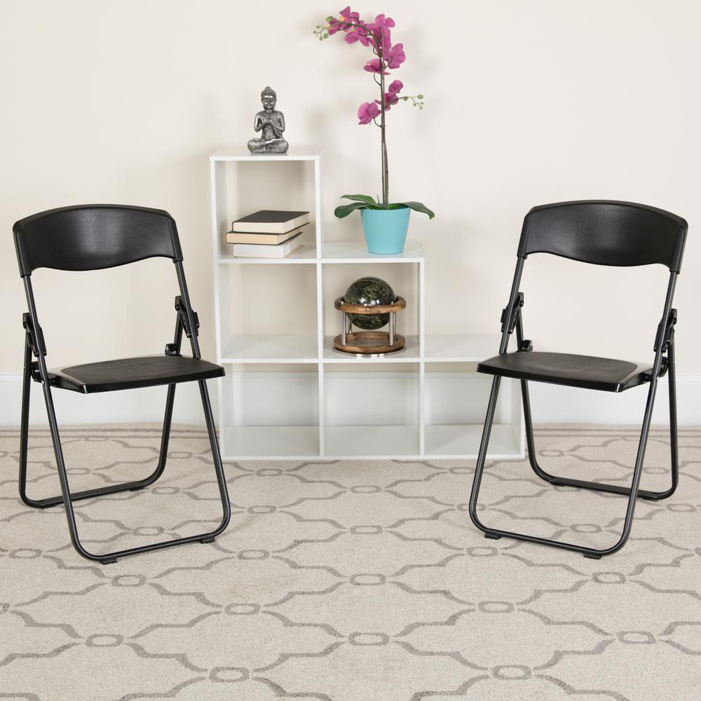 500 lb. Capacity Heavy Duty Black Plastic Folding Chair with Built-in Ganging Brackets. Picture 9