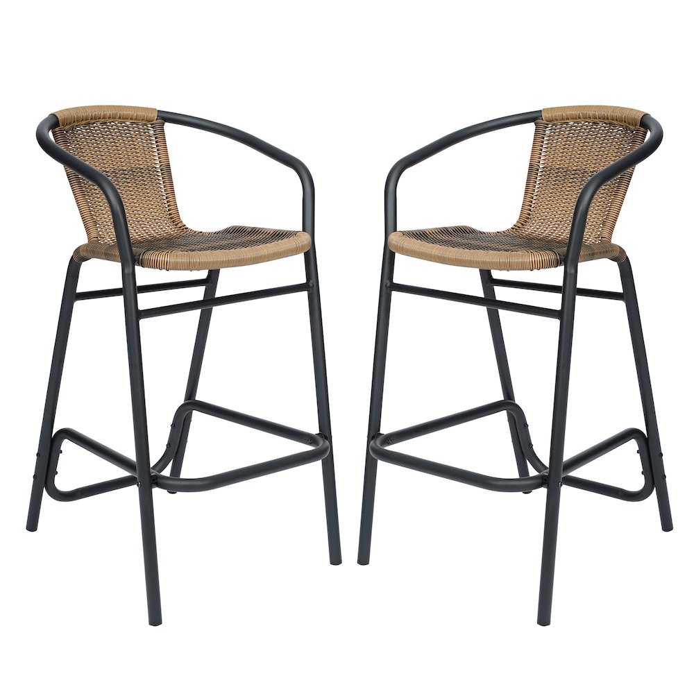 Set of 2 Rattan Restaurant Barstool with Black Aluminum Frame, Medium Brown. Picture 1