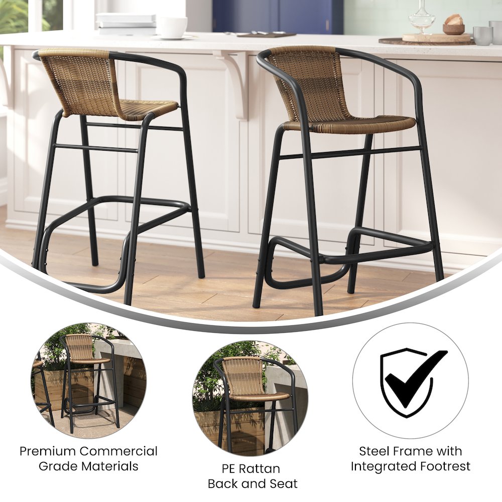 Set of 2 Rattan Restaurant Barstool with Black Aluminum Frame, Medium Brown. Picture 4