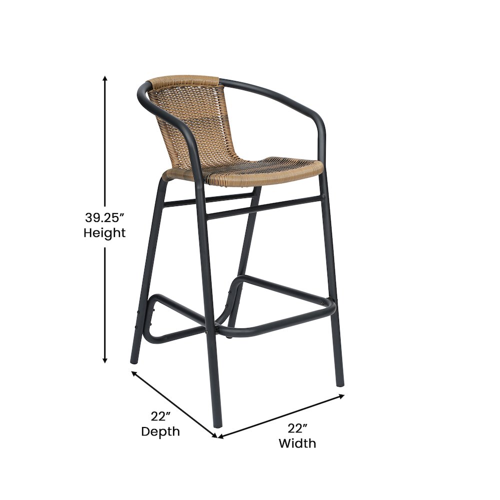 Set of 2 Rattan Restaurant Barstool with Black Aluminum Frame, Medium Brown. Picture 5