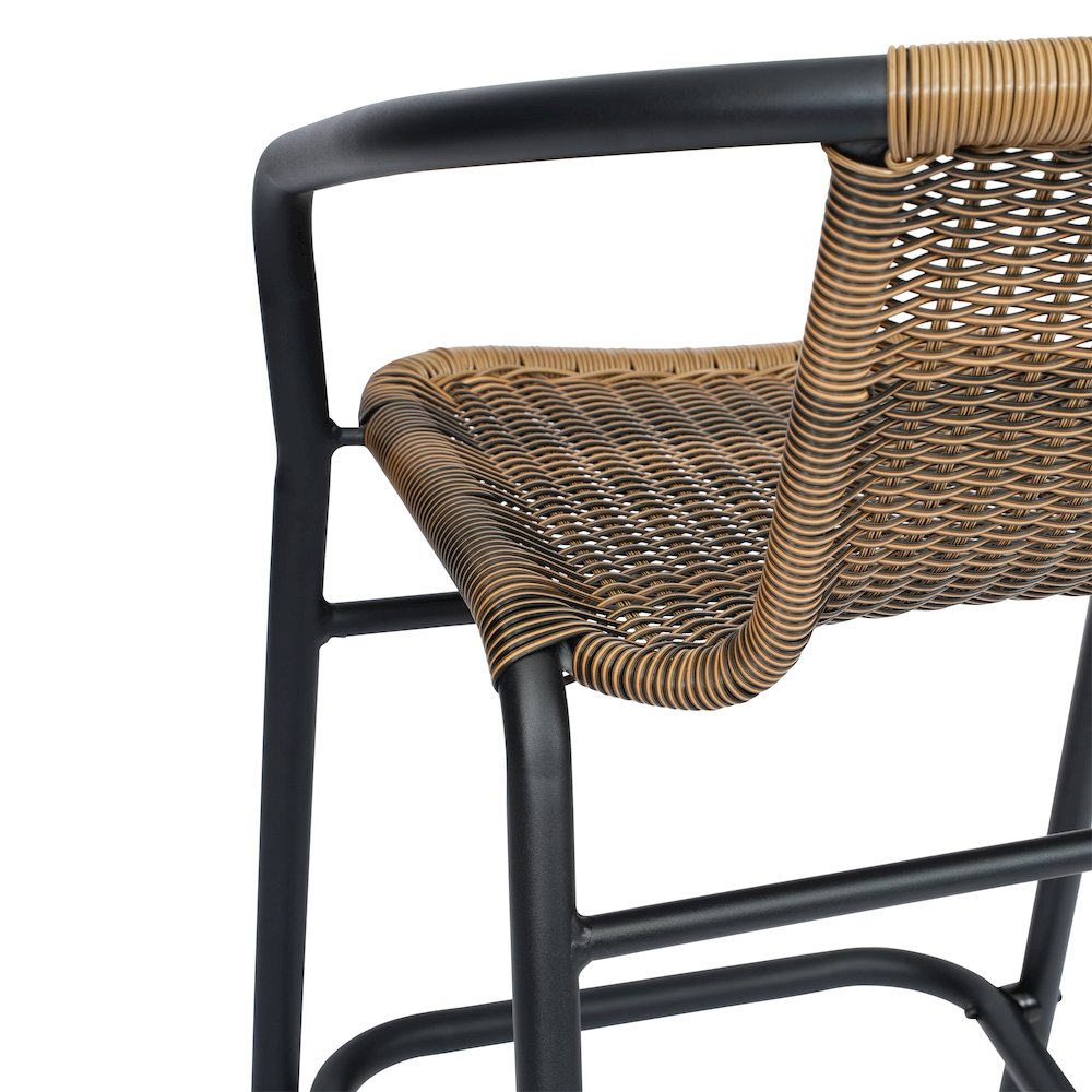 Set of 2 Rattan Restaurant Barstool with Black Aluminum Frame, Medium Brown. Picture 14