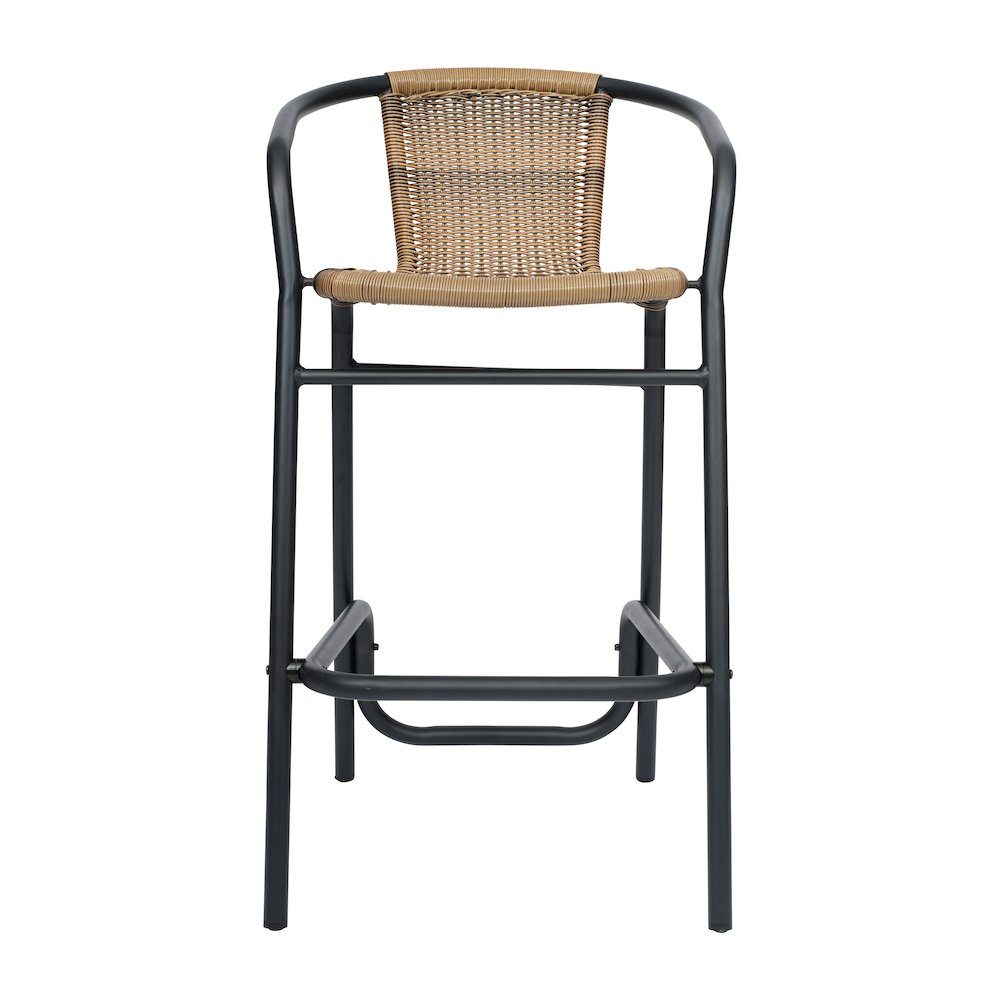Set of 2 Rattan Restaurant Barstool with Black Aluminum Frame, Medium Brown. Picture 10