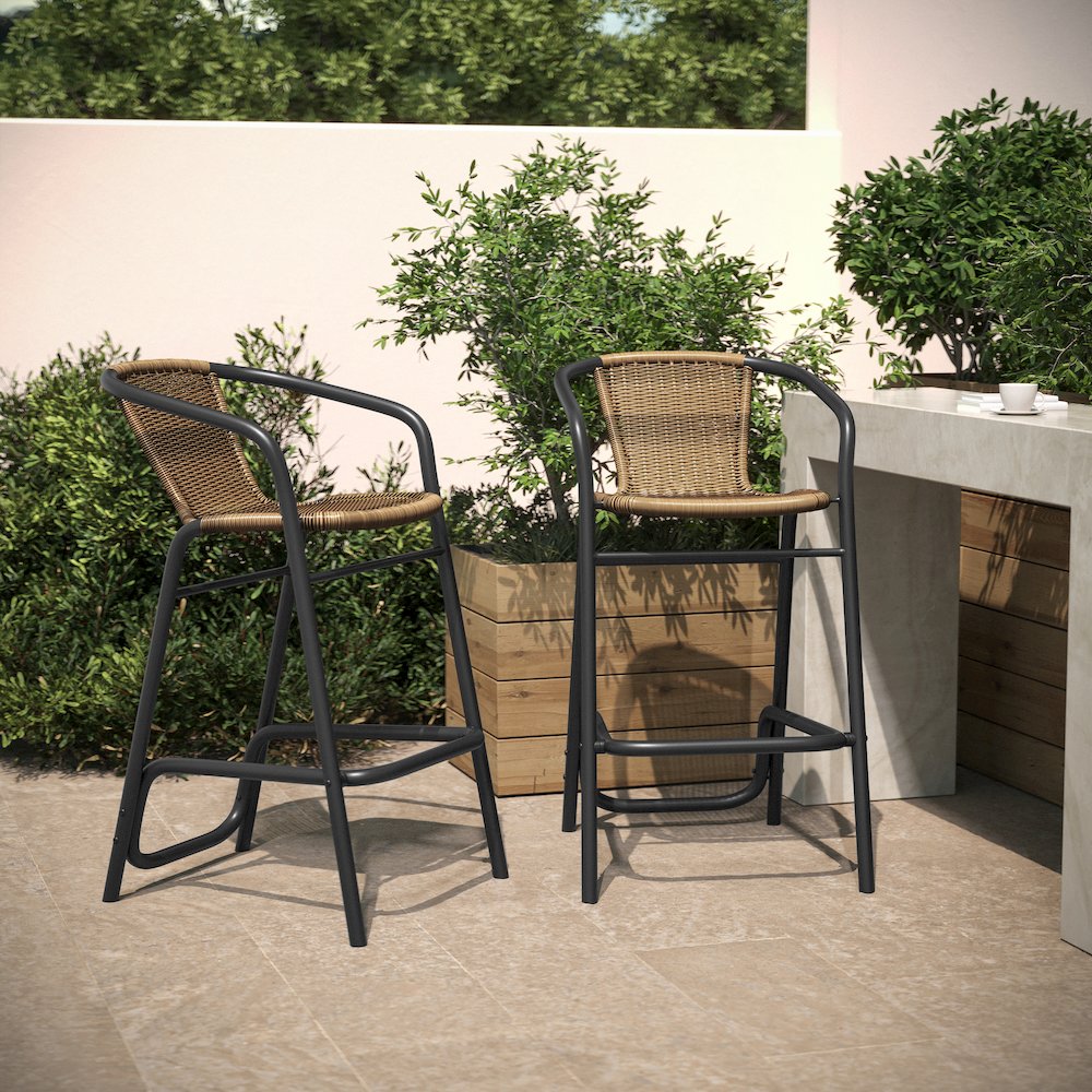 Set of 2 Rattan Restaurant Barstool with Black Aluminum Frame, Medium Brown. Picture 3
