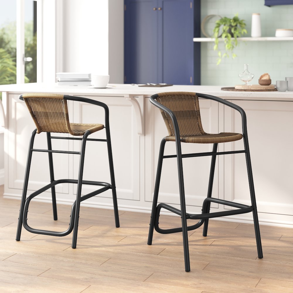 Set of 2 Rattan Restaurant Barstool with Black Aluminum Frame, Medium Brown. Picture 6