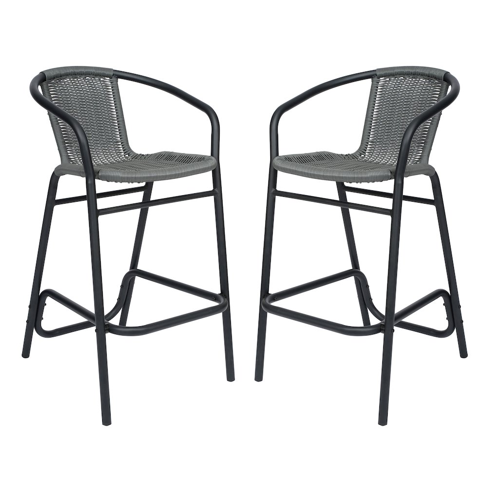 Set of 2 PE Rattan Restaurant Barstool with Black Aluminum Frame , Gray. Picture 1