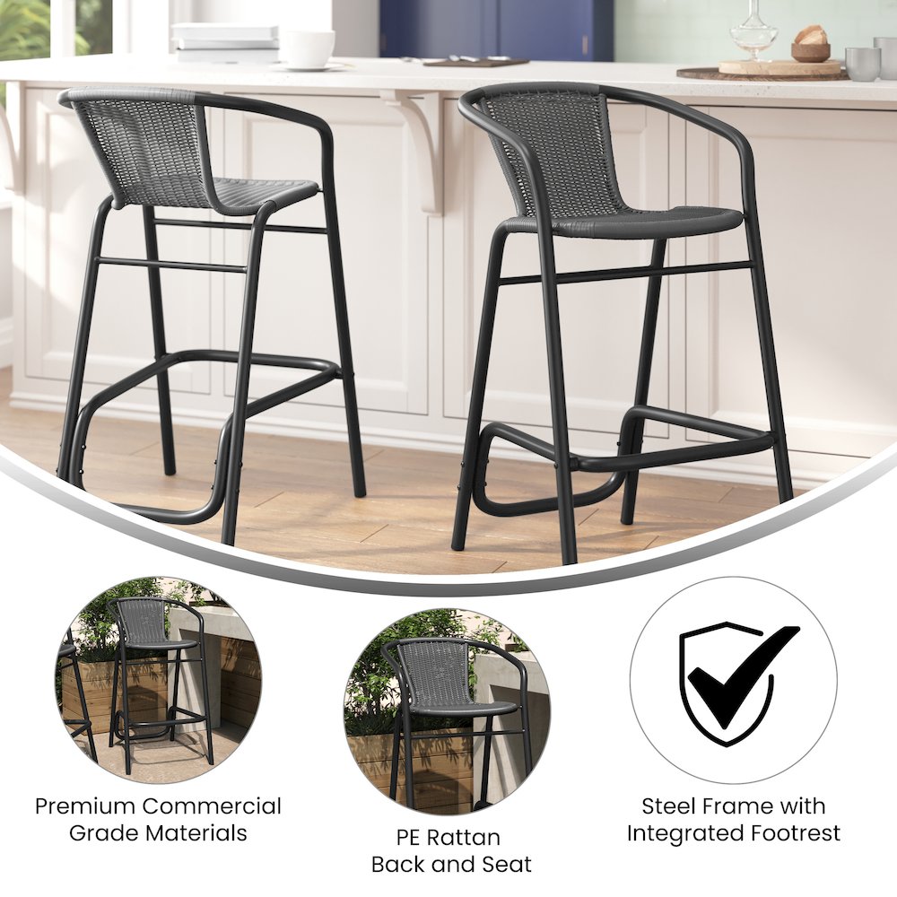 Set of 2 PE Rattan Restaurant Barstool with Black Aluminum Frame , Gray. Picture 4