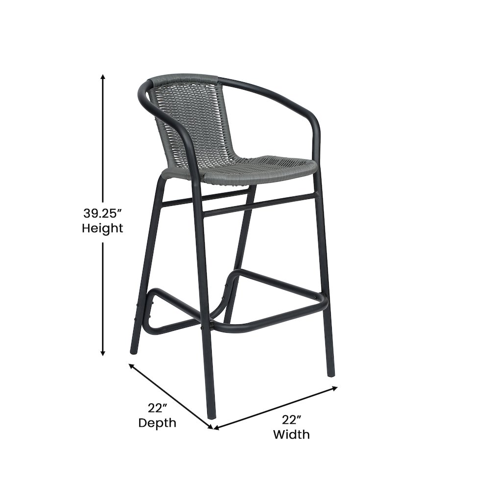 Set of 2 PE Rattan Restaurant Barstool with Black Aluminum Frame , Gray. Picture 5