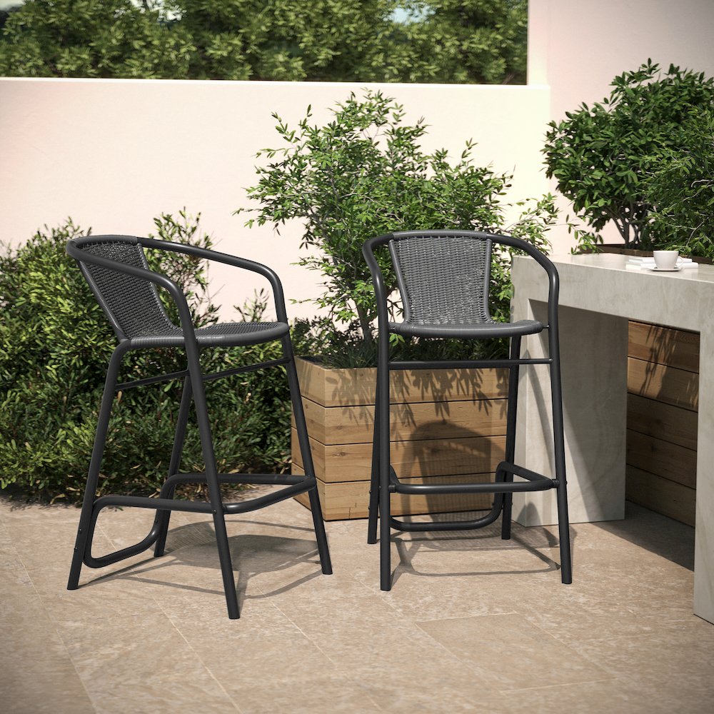 Set of 2 PE Rattan Restaurant Barstool with Black Aluminum Frame , Gray. Picture 3