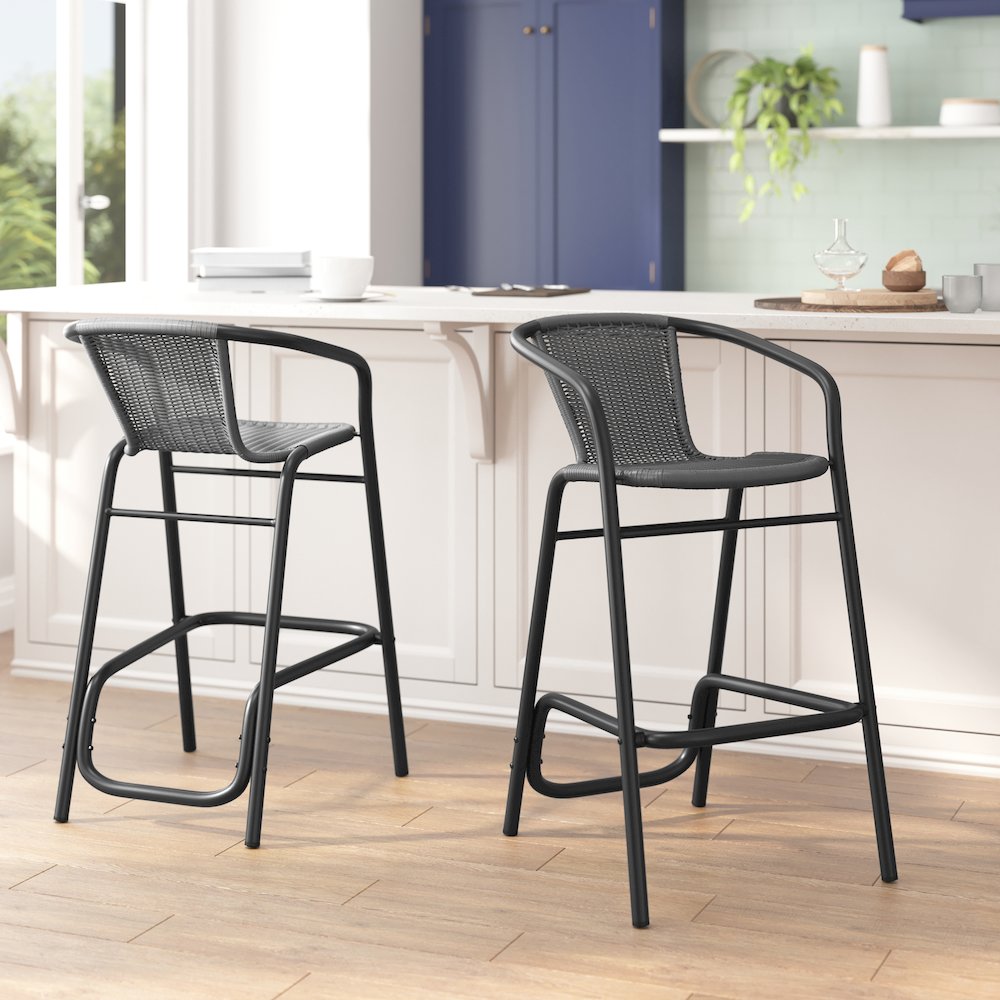 Set of 2 PE Rattan Restaurant Barstool with Black Aluminum Frame , Gray. Picture 6