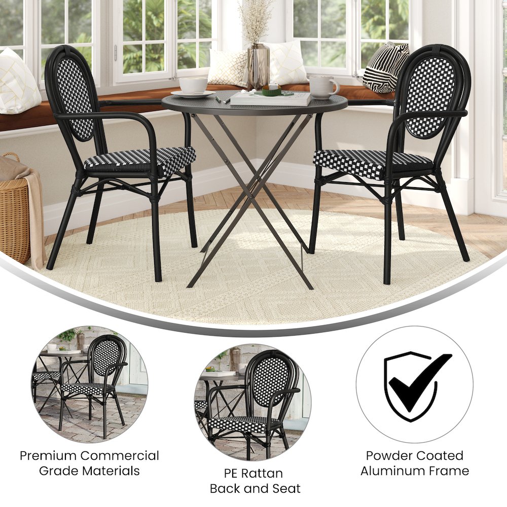 Set of 2 Classic Commercial Grade Bistro Chairs, Black & White/Black Frame. Picture 5