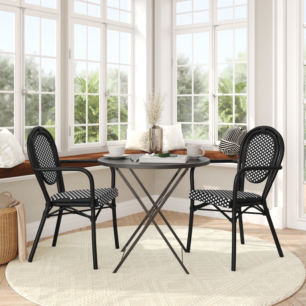 Set of 2 Classic Commercial Grade Bistro Chairs, Black & White/Black Frame. Picture 3