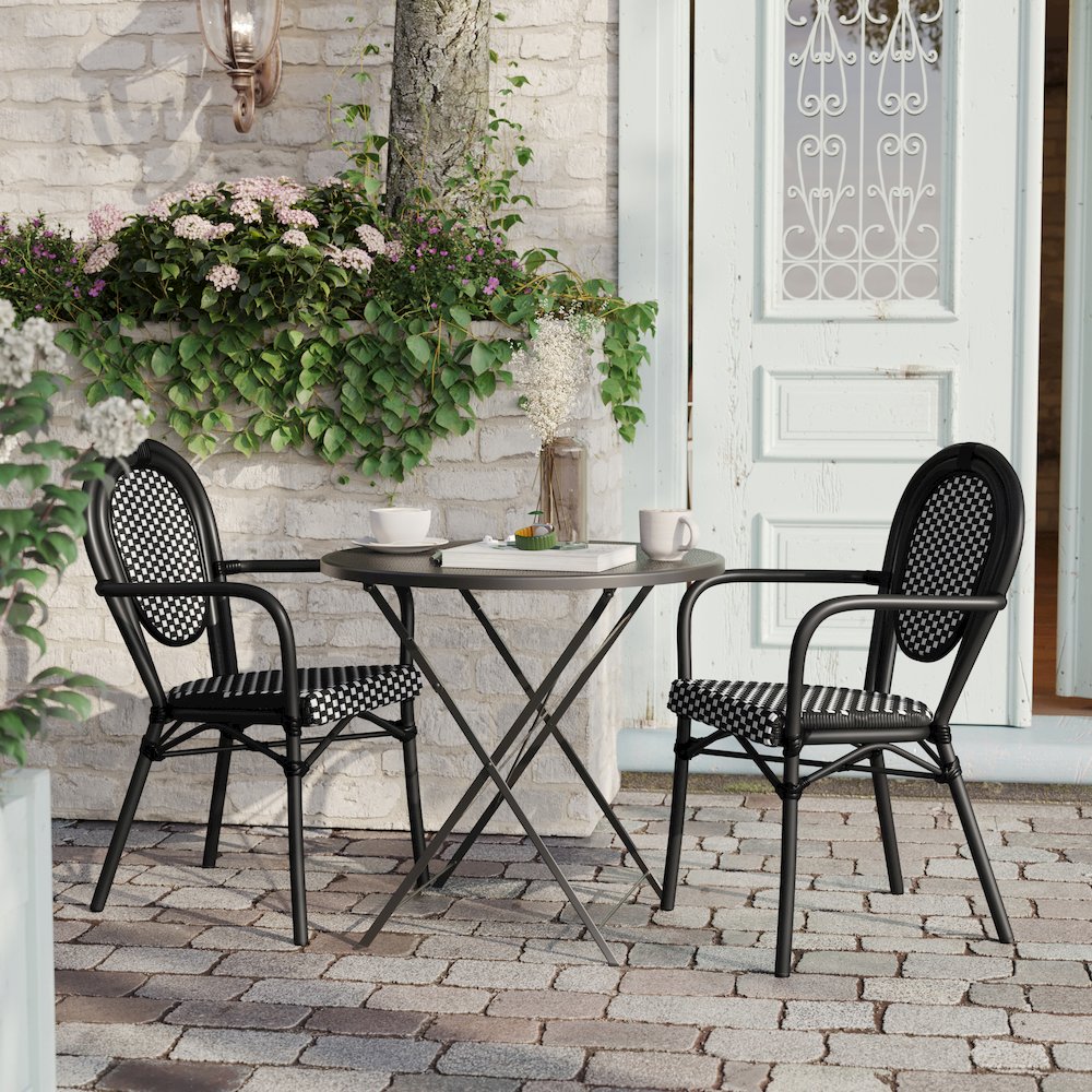 Set of 2 Classic Commercial Grade Bistro Chairs, Black & White/Black Frame. Picture 7