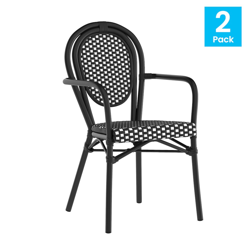 Set of 2 Classic Commercial Grade Bistro Chairs, Black & White/Black Frame. Picture 2