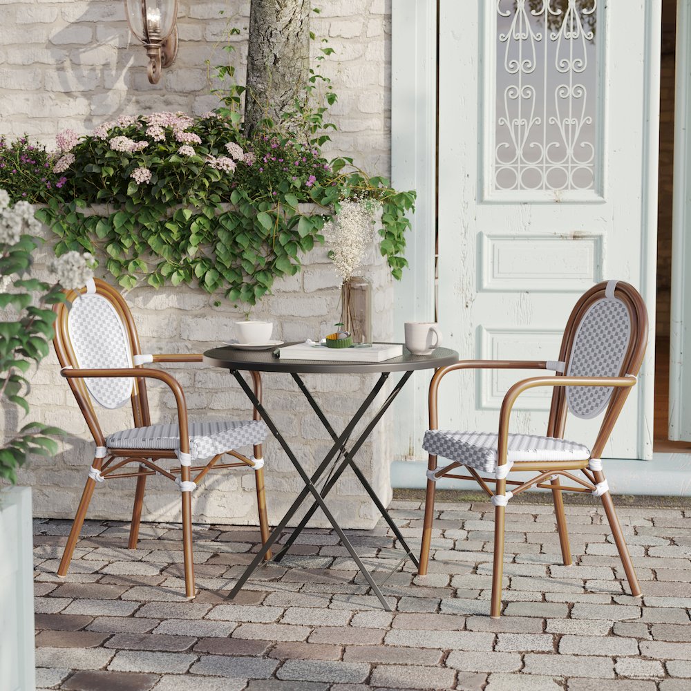 Set of 2 Classic Commercial Grade Bistro Chairs, White & Gray/Natural Frame. Picture 7