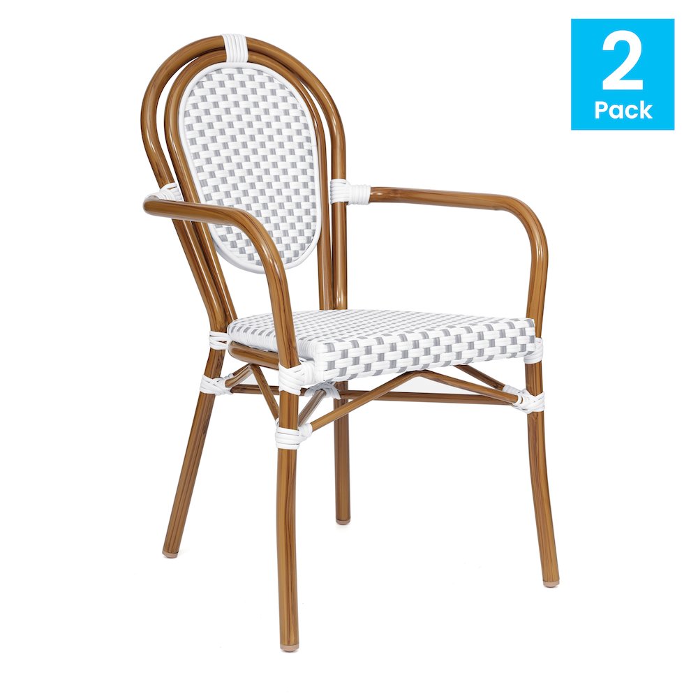 Set of 2 Classic Commercial Grade Bistro Chairs, White & Gray/Natural Frame. Picture 2