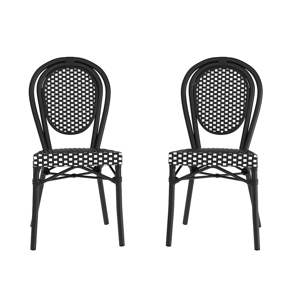 2 Pack Bistro Stacking Chair, Black and White Rattan and Black Aluminum Frame. Picture 1