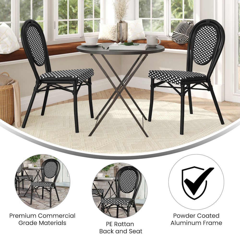 2 Pack Bistro Stacking Chair, Black and White Rattan and Black Aluminum Frame. Picture 5