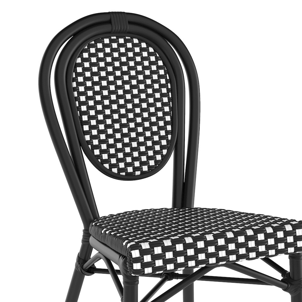 2 Pack Bistro Stacking Chair, Black and White Rattan and Black Aluminum Frame. Picture 9