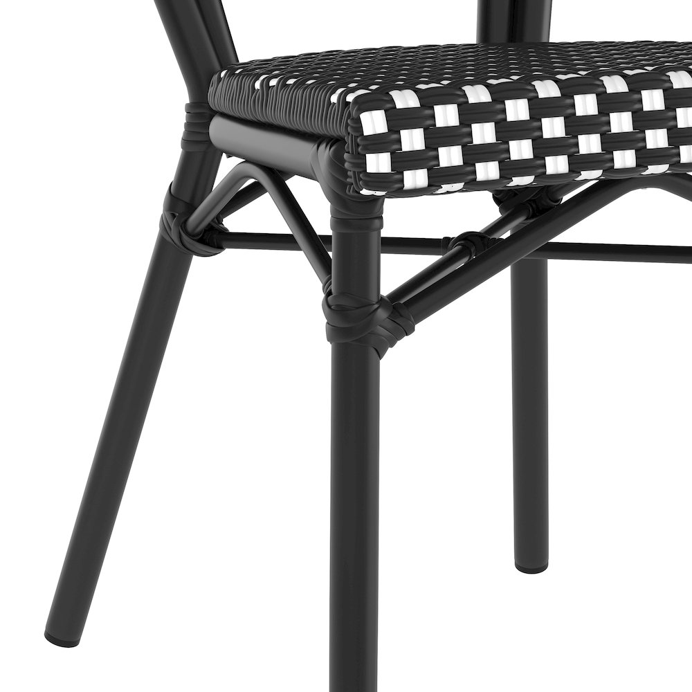 2 Pack Bistro Stacking Chair, Black and White Rattan and Black Aluminum Frame. Picture 12