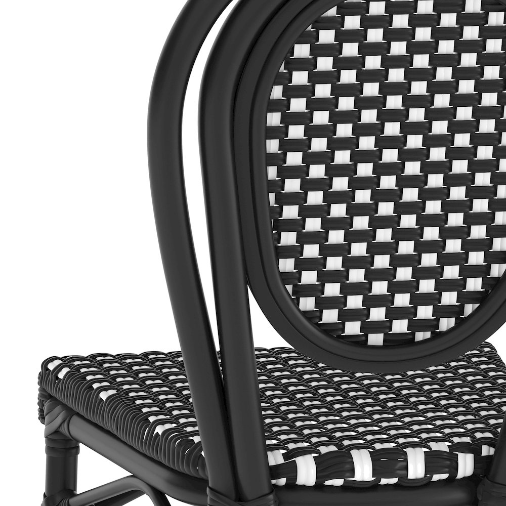 2 Pack Bistro Stacking Chair, Black and White Rattan and Black Aluminum Frame. Picture 14