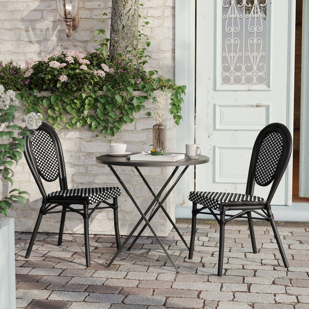 2 Pack Bistro Stacking Chair, Black and White Rattan and Black Aluminum Frame. Picture 7