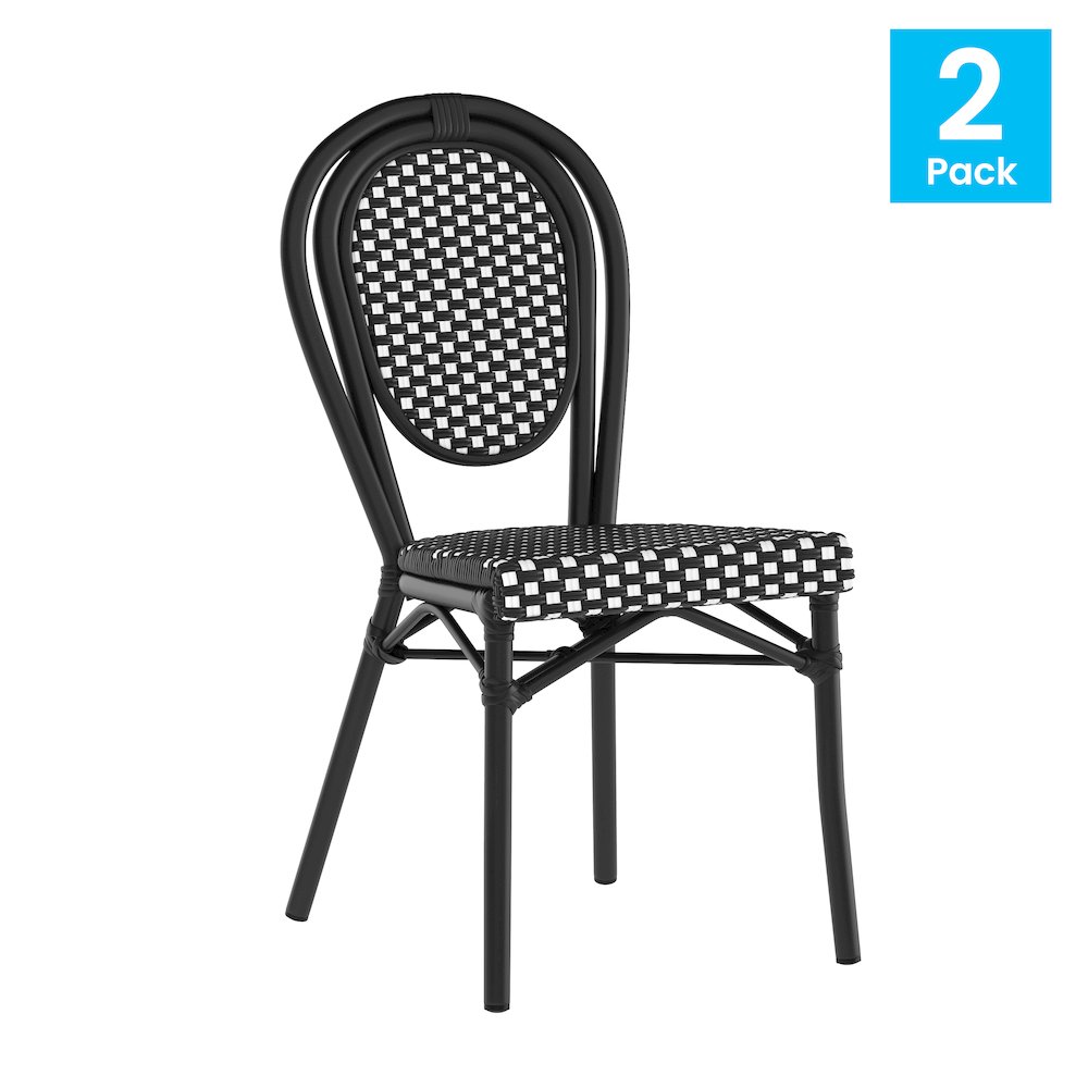 2 Pack Bistro Stacking Chair, Black and White Rattan and Black Aluminum Frame. Picture 2