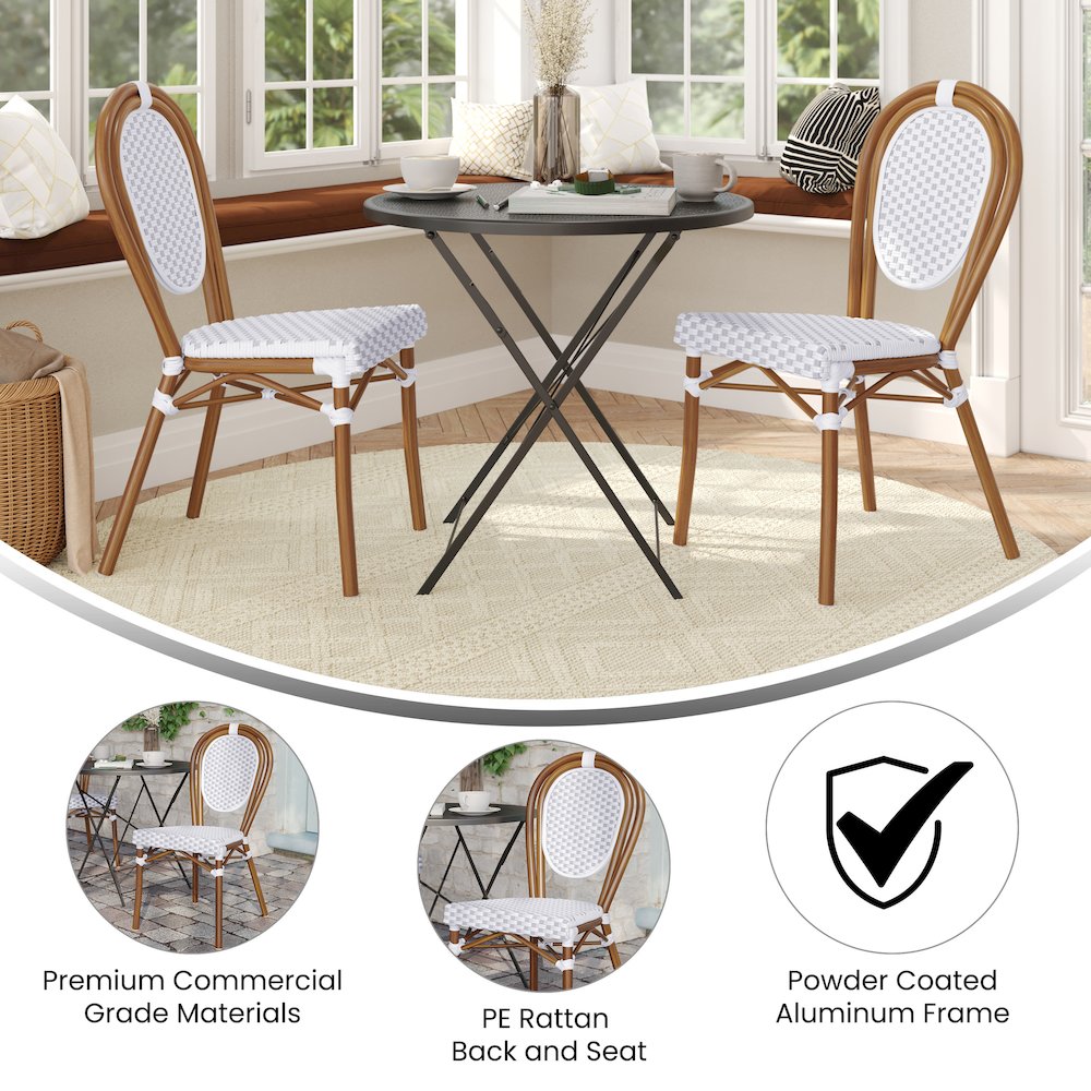 Set of 2 Classic Commercial Grade Bistro Chairs, White & Gray/Natural Frame. Picture 5